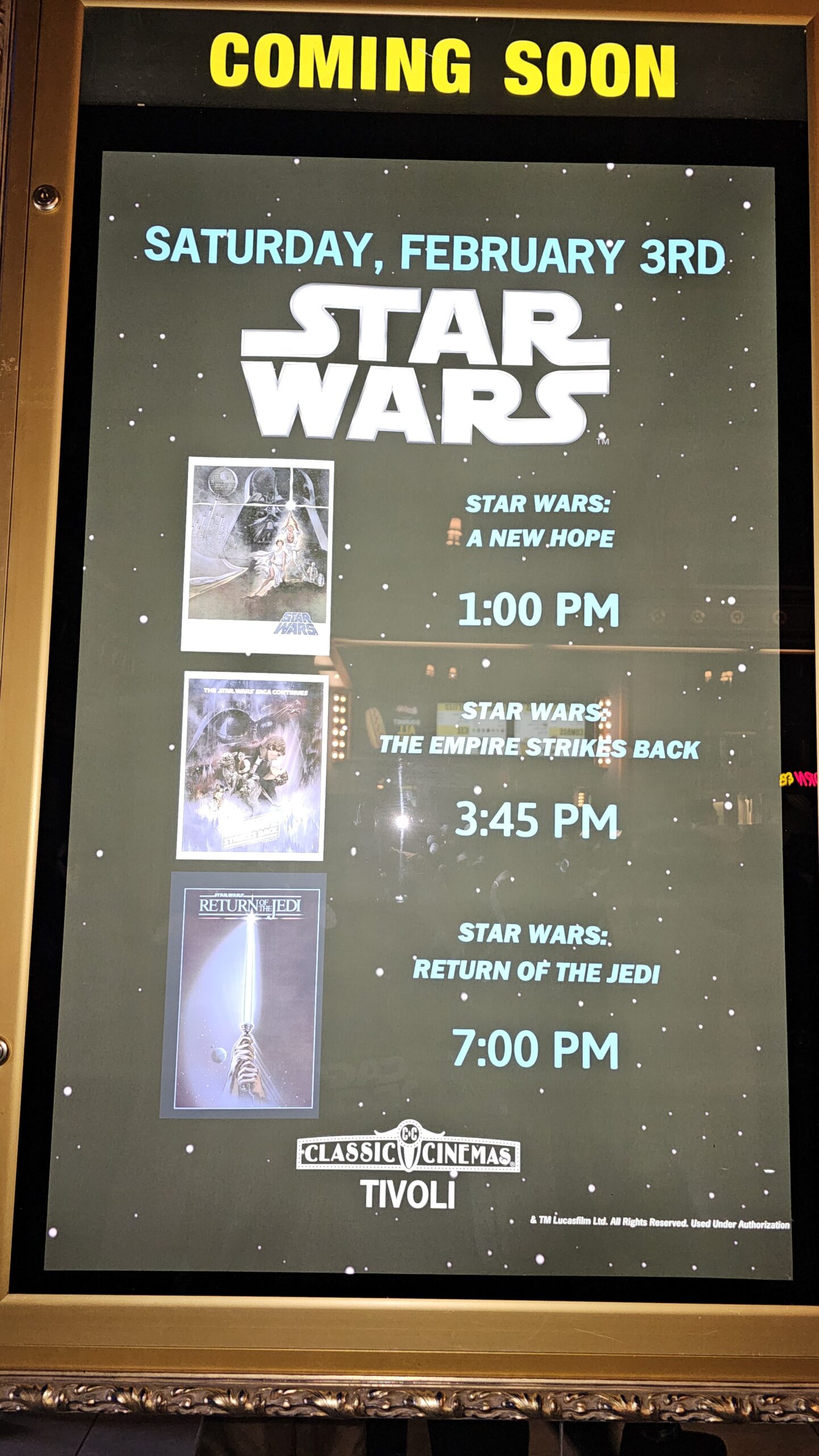 Poster showing the showtimes of the original trilogy