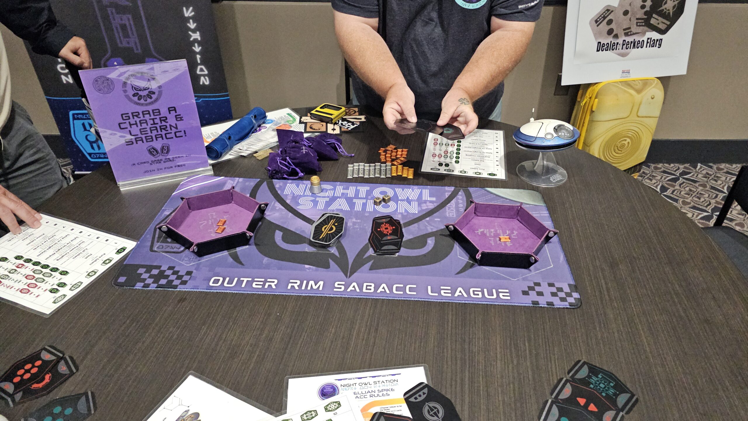 cards and dice tray on table